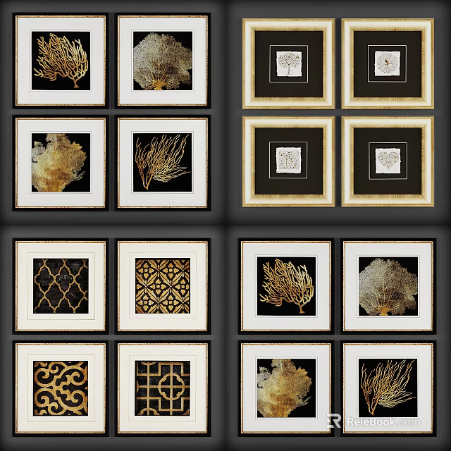 Elegant Decorative Wall Art With Gold Coral And Geometric Pattern Framed Prints 3d model