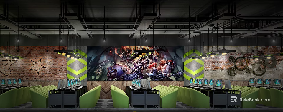 Stylish Internet Cafe Interior Featuring Green Seats Large Gaming Mural Computers And Industrial Ceiling 3d model