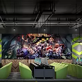 Stylish Internet Cafe Interior Featuring Green Seats Large Gaming Mural Computers And Industrial Ceiling 3d model