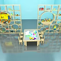 Kids Playroom Featuring Blue Walls Cabinet Shelves Multiple Compartments With Toys Books Table And Chairs