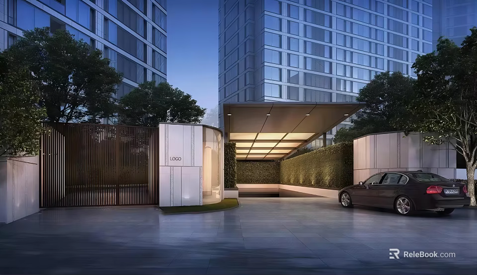 Modern High rise Building Entrance With Luxury Car And Lush Greenery Design 3d model 