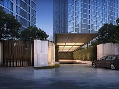 Modern High rise Building Entrance With Luxury Car And Lush Greenery Design 3d model