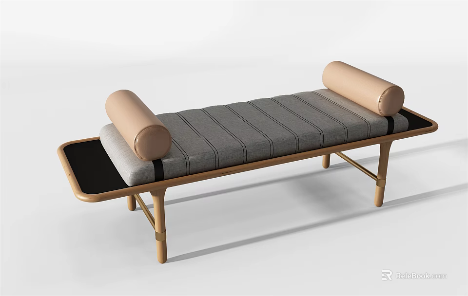 Modern Footstool With Wooden Frame Gray Striped Cushion And Beige Armrests 3d model 