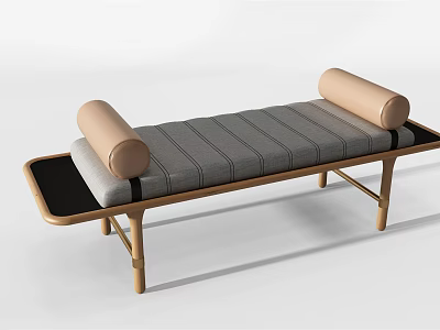 Modern Footstool With Wooden Frame Gray Striped Cushion And Beige Armrests 3d model