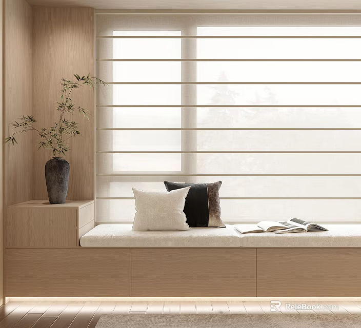 Bay Window Featuring White Shutter Blinds Window Seat Pillows Bamboo Plant and Open Book 3d model 
