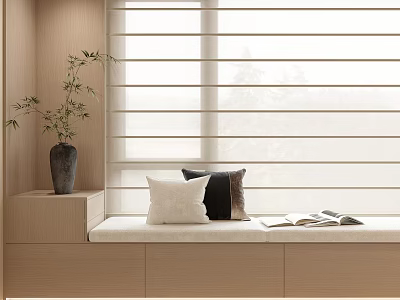 Bay Window Featuring White Shutter Blinds Window Seat Pillows Bamboo Plant and Open Book 3d model