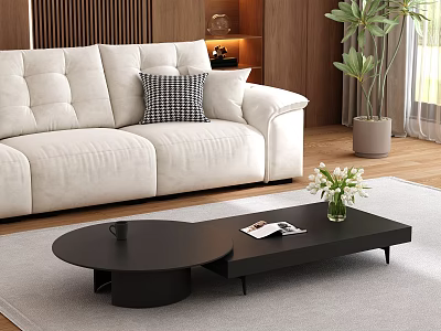 Modern Cream Colored Sofa And Black Coffee Table Set In Warm Interior With Plush Pillows Flower Vase And Green Plant 3d model