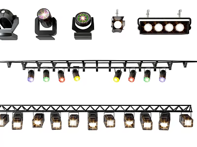 Various Styles of Downlights and Spotlights With Track Mounted Colorful Lamps 3d model