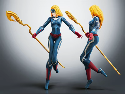 Female Action Figures With Blonde Hair Blue Suit Red Accessories Golden Staff Front Back Views 3d model