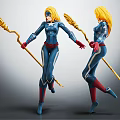 Female Action Figures With Blonde Hair Blue Suit Red Accessories Golden Staff Front Back Views