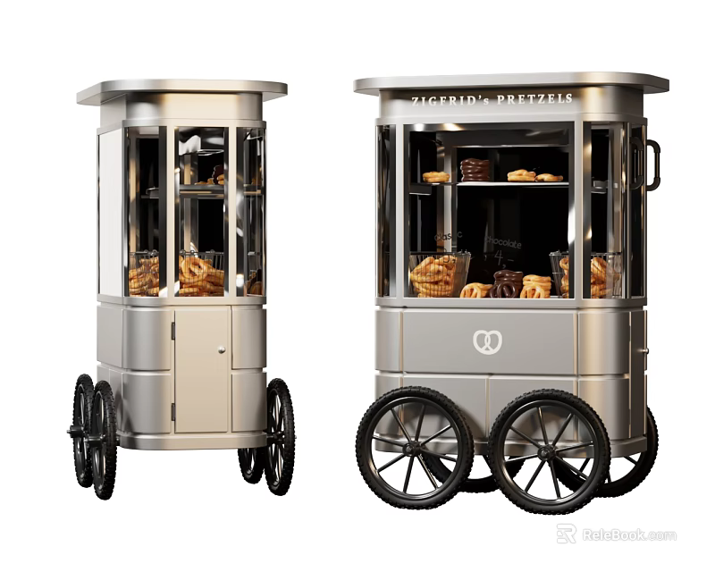 Commercial Mobile Food Cart with Silver Design Glass Display Windows Wheels and Pastries 3d model 