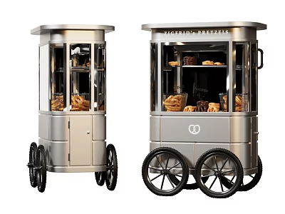 Commercial Mobile Food Cart with Silver Design Glass Display Windows Wheels and Pastries 3d model