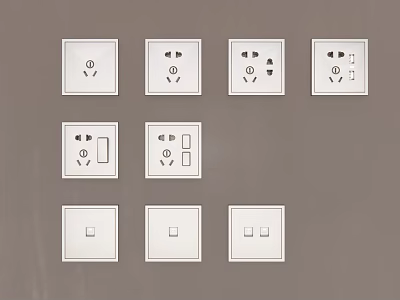 White Switch Panels With Various Sockets And Switch Combinations On Wall 3d model