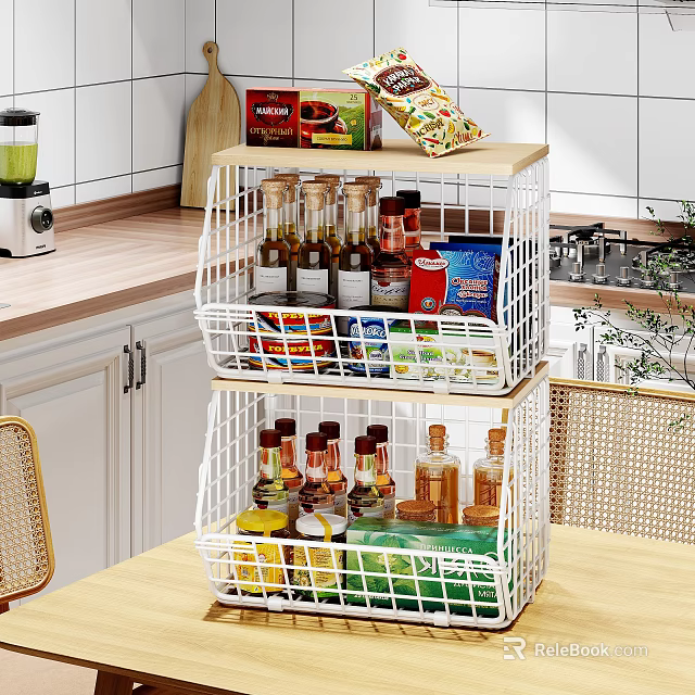 White Double Layer Kitchen Rack With Food Spices And Snacks 3d model 
