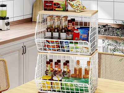White Double Layer Kitchen Rack With Food Spices And Snacks 3d model