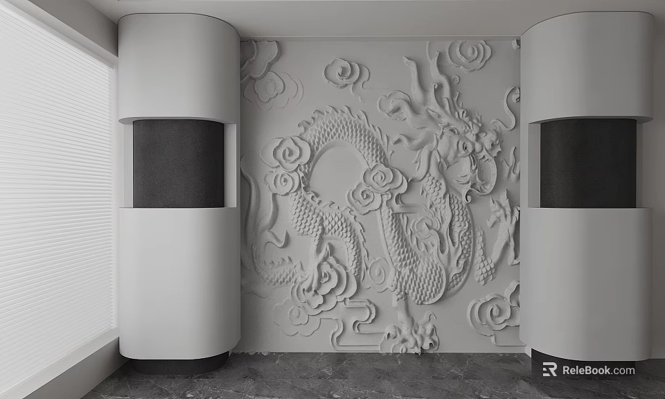 Traditional Chinese Style Background Wall With Embossed Dragon And Cloud Patterns Cylindrical Side Decorations 3d model 