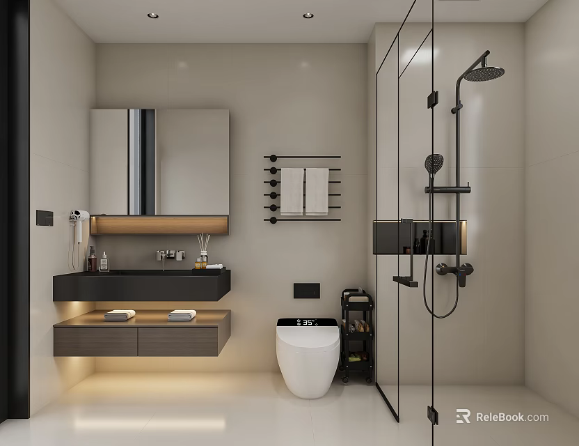 Modern Bathroom Interior With Wall Mounted Vanity Smart Toilet And Glass Shower 3d model 