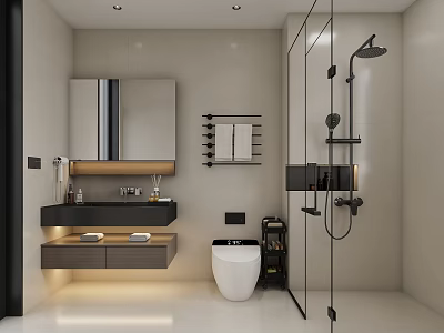 Modern Bathroom Interior With Wall Mounted Vanity Smart Toilet And Glass Shower 3d model