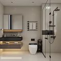 Modern Bathroom Interior With Wall Mounted Vanity Smart Toilet And Glass Shower