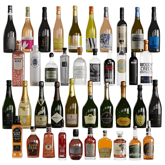Collection of Assorted Wine Bottles and Glasses in Diverse Shapes and Colors 3d model 
