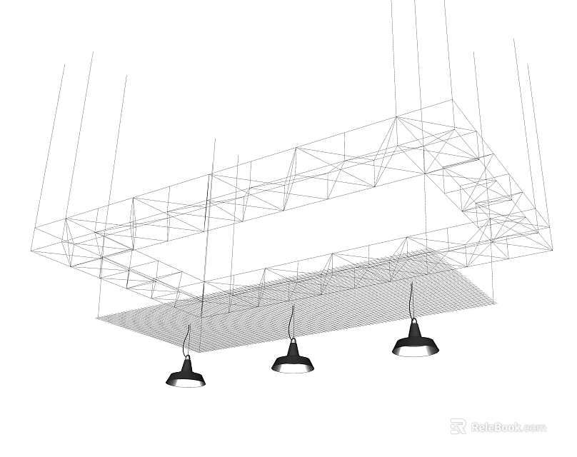 Modern Suspended Ceiling Featuring Wireframe Grid and Hanging Pendant Lamps 3d model 