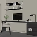 Modern Home Office Desk With Computer Monitor Table Lamp Chair Wall Shelves And Potted Plant