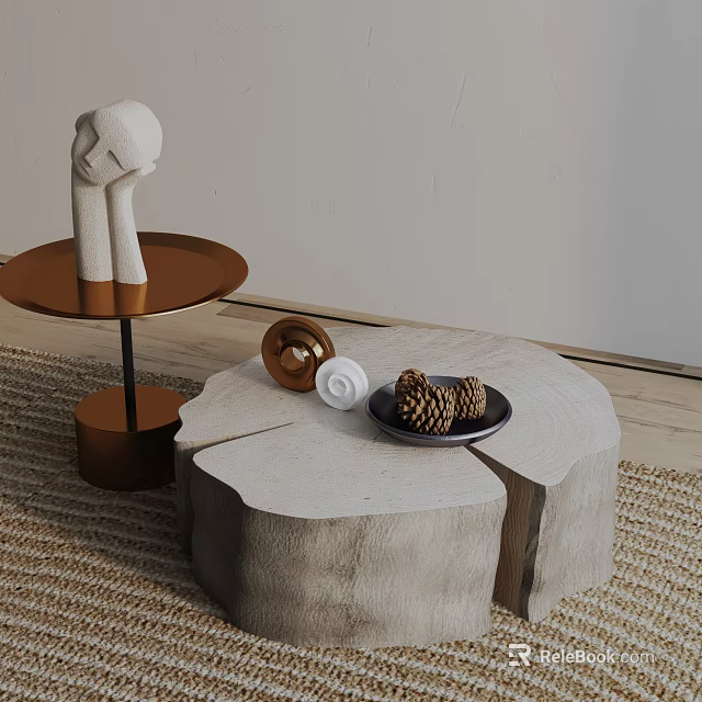 Minimalist Sofa and Coffee Table Set with Gray Stump Table Pinecones Copper Ball and Shell 3d model