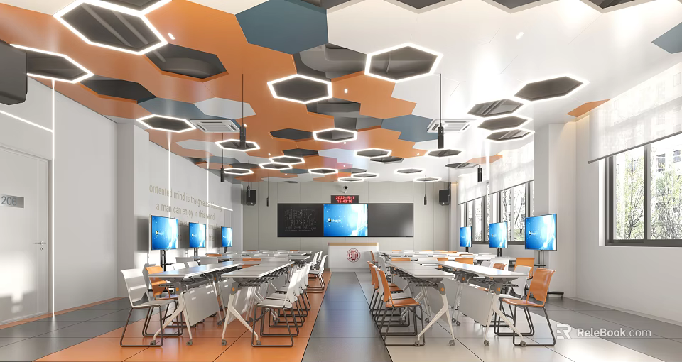 School Modern Classroom With Hexagonal Ceiling Orange Blue Decorations Computers Desks 3d model 