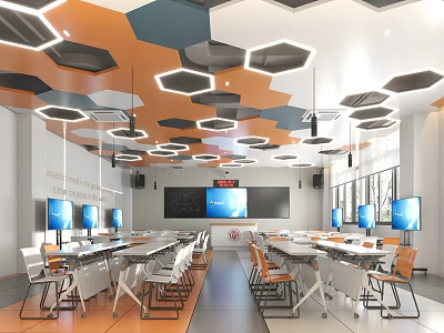 School Modern Classroom With Hexagonal Ceiling Orange Blue Decorations Computers Desks 3d model