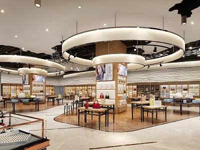 Modern Shopping Mall Lobby Interior With Circular Lighting And Display Areas 3d model