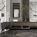 Modern Bathroom Interior With Marble Walls Open Shower Wooden Vanity Large Mirror And Green Plant