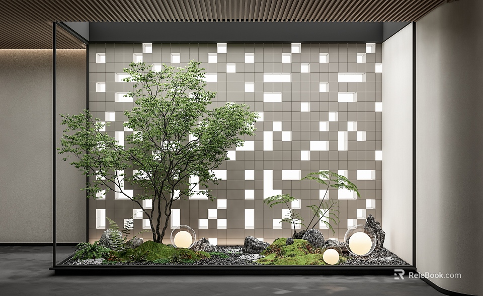 Modern Indoor Landscape With Grey Square-Patterned Wall Green Tree Stones Moss And Round Lights 3d model 