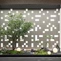Modern Indoor Landscape With Grey Square-Patterned Wall Green Tree Stones Moss And Round Lights