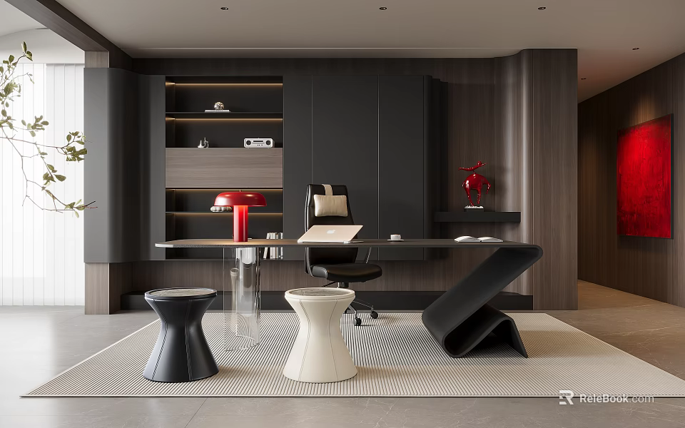 Modern Study Room Interior Design With Desk Chair Bookshelf And Decorative Lamp 3d model