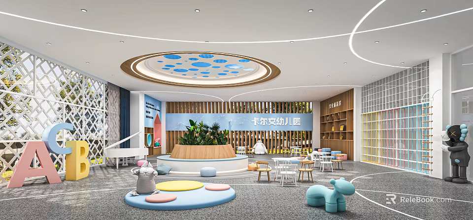 Carlton Kindergarten Interior With Circular Ceiling With Blue Dots Green Plants Piano And Colorful Cushions 3d model 