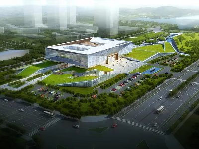 Modern Architectural Building With Green Roof Glass Curtain Wall And Urban Green Surroundings 3d model