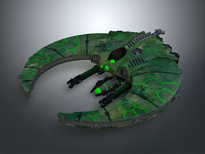 Sci Fi Mechanical Spaceship Model Featuring Curved Structure Green Glowing Elements And Intricate Surface Patterns 3d model
