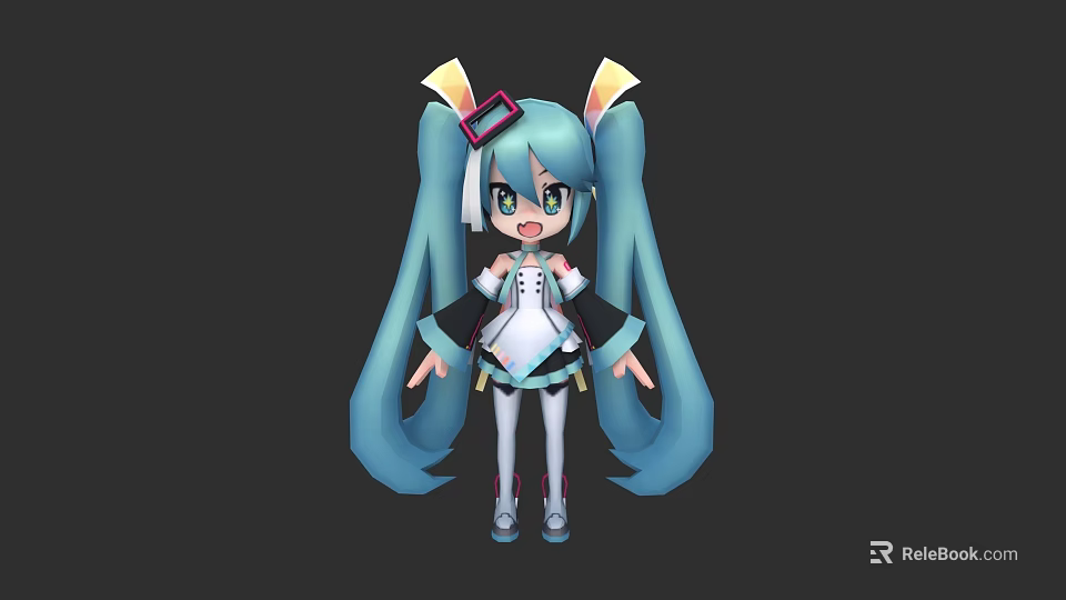 Cute Anime Game Character With Blue Long Hair Twin Tails And Headphones 3d model 
