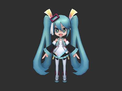Cute Anime Game Character With Blue Long Hair Twin Tails And Headphones 3d model