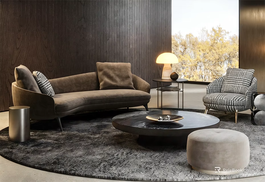 Brown Sofa and Round Coffee Table Set with Checkered Armchair Floor Lamp and Plush Rug 3d model 