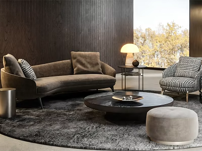 Brown Sofa and Round Coffee Table Set with Checkered Armchair Floor Lamp and Plush Rug 3d model