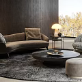 Brown Sofa and Round Coffee Table Set with Checkered Armchair Floor Lamp and Plush Rug