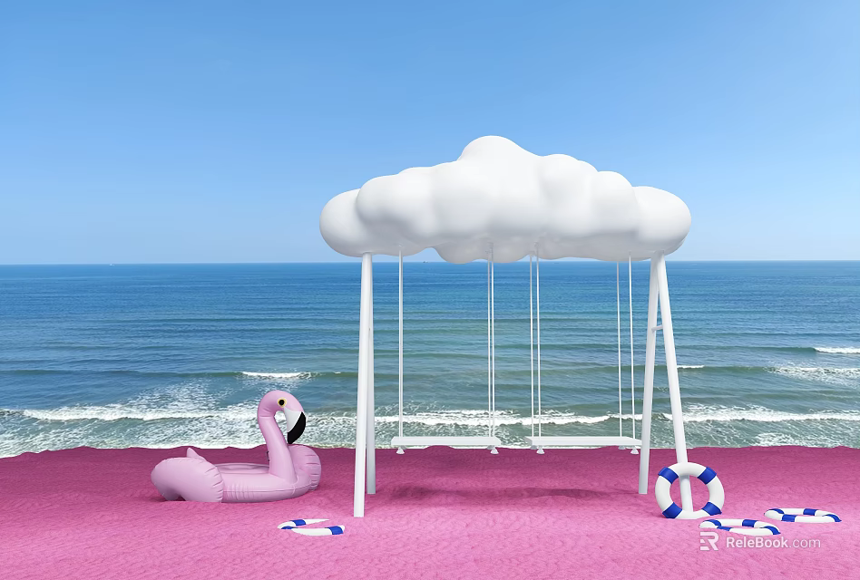 Cloud Shaped Playground Swing on Pink Beach with Flamingo Float and Ocean View 3d model 