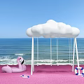 Cloud Shaped Playground Swing on Pink Beach with Flamingo Float and Ocean View