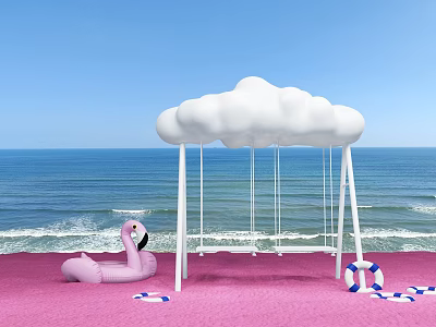 Cloud Shaped Playground Swing on Pink Beach with Flamingo Float and Ocean View 3d model