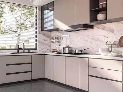 Modern Kitchen Interior With White Gray Cabinets Marble Countertop And Window Blinds 3d model