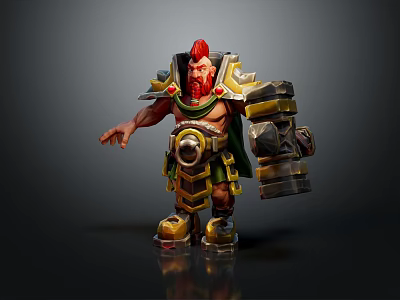 Fantasy Warrior Character With Red Hair Beard And Golden Green Armor Holding Large Hammer 3d model