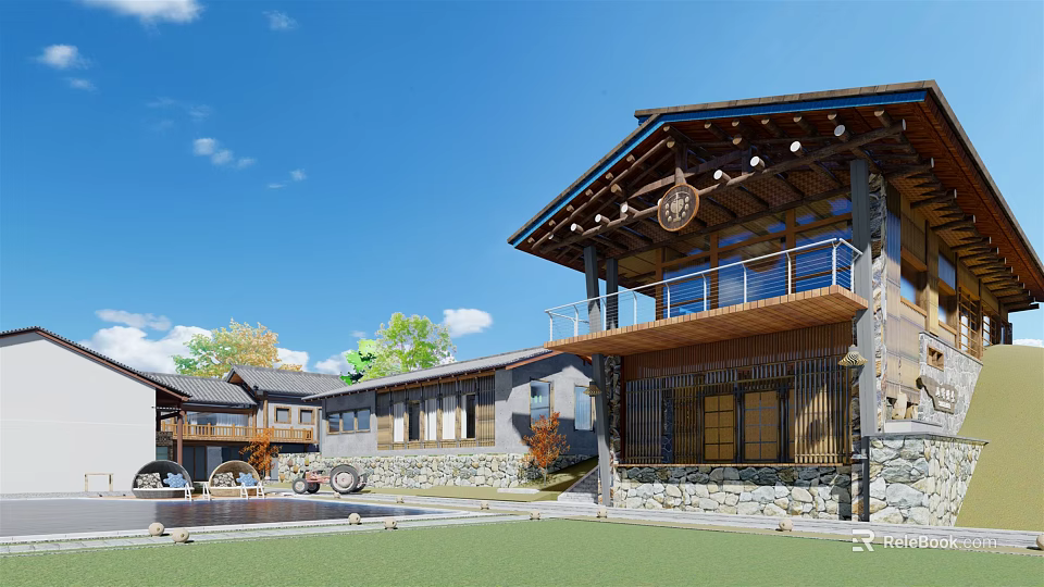 Rural Traditional Guesthouse Architecture with Wooden Balcony Stone Walls and Courtyard Water Wheel 3d model 