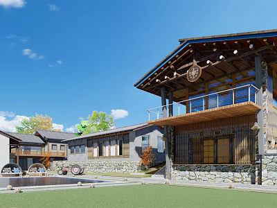 Rural Traditional Guesthouse Architecture with Wooden Balcony Stone Walls and Courtyard Water Wheel 3d model