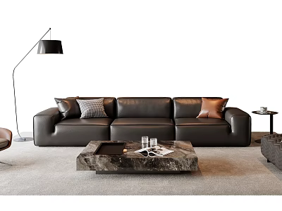 Modern Black Leather Sofa And Marble Coffee Table Set With Decorative Pillows In Living Room 3d model